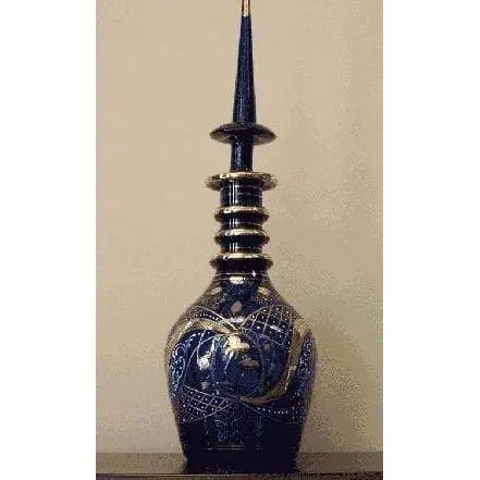 Authentic Art Antique Look Hand Gold Painted Persian Cobalt Blue Glass Vase Bottle Decanter  21"  X  9" Panzag-47